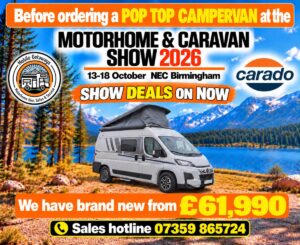 Carado pop-top campervan show deals at the Motorhome and Caravan Show 2026, NEC Birmingham, brand new from £61,990